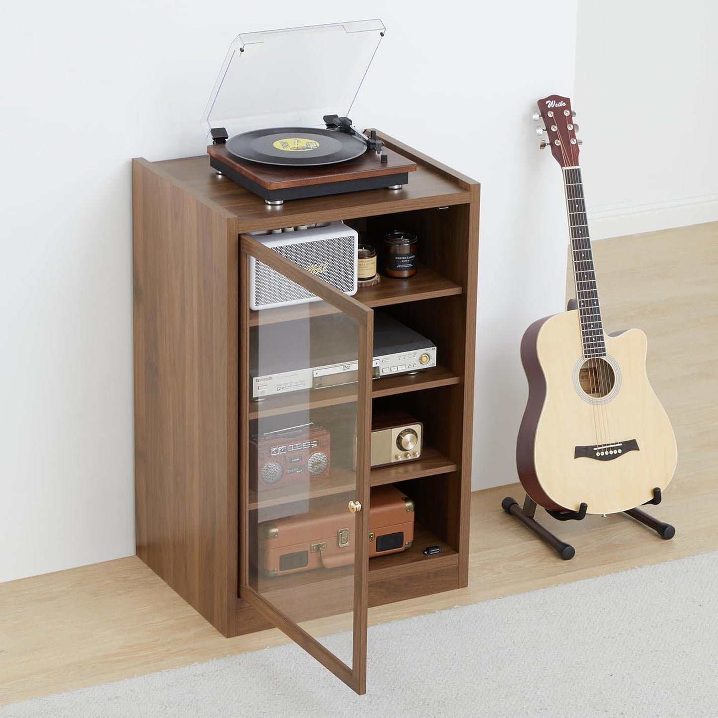 Walnut 5-Tier AV Media Shelf Storage Cabinet with Adjustable Shelves and Cable Management for Living, Gaming, Recording Room