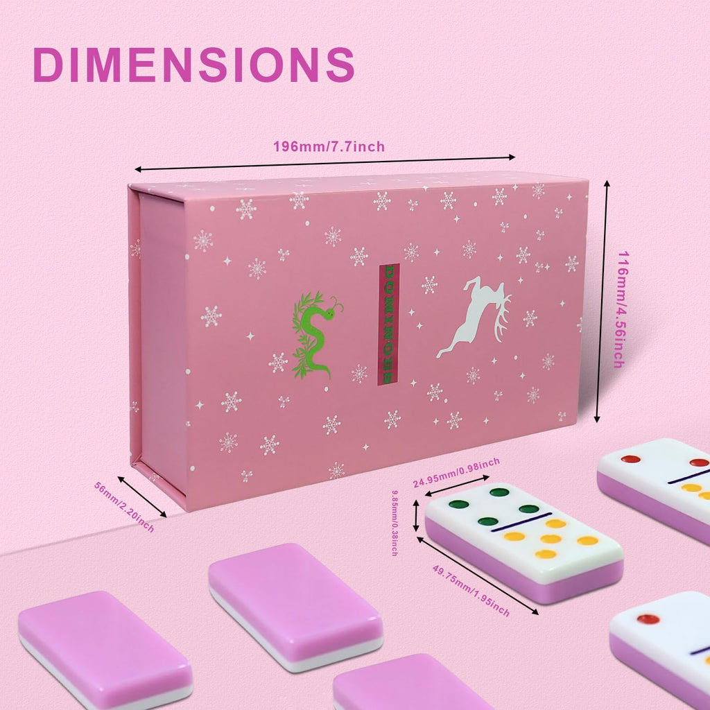 IDTQ Dominoes Set for Adults, Double 6 Dominos Game Set with 28 Domino Tiles Double with Upscale Gift Boxes -7 Polyhedral Dice -Classic Board Games (Pink)