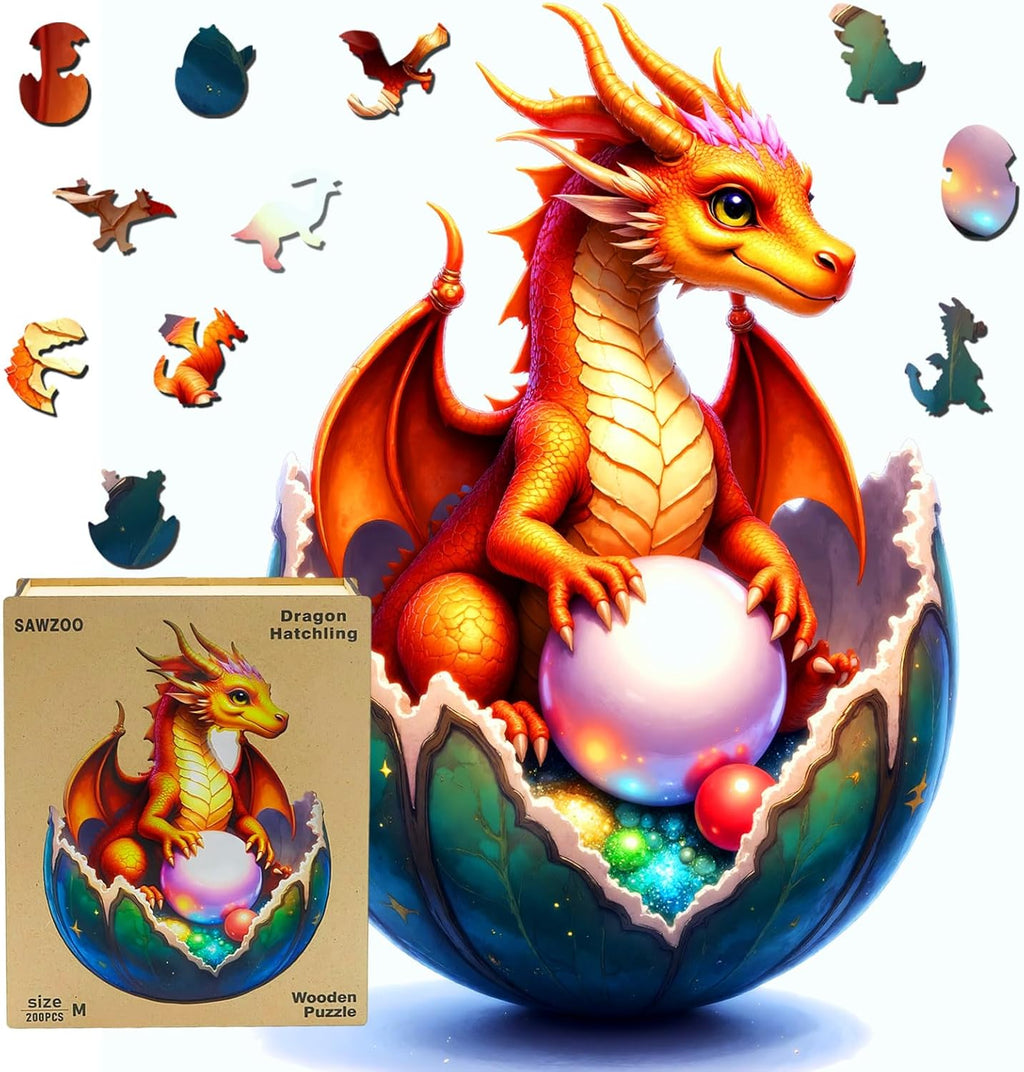 Wooden Jigsaw Puzzles for Adults and Kids, Dragon Hatchling 200 Piece Unique Shaped Puzzle, Family Game and Creative Wooden Puzzle Gift, Wall Art Decor