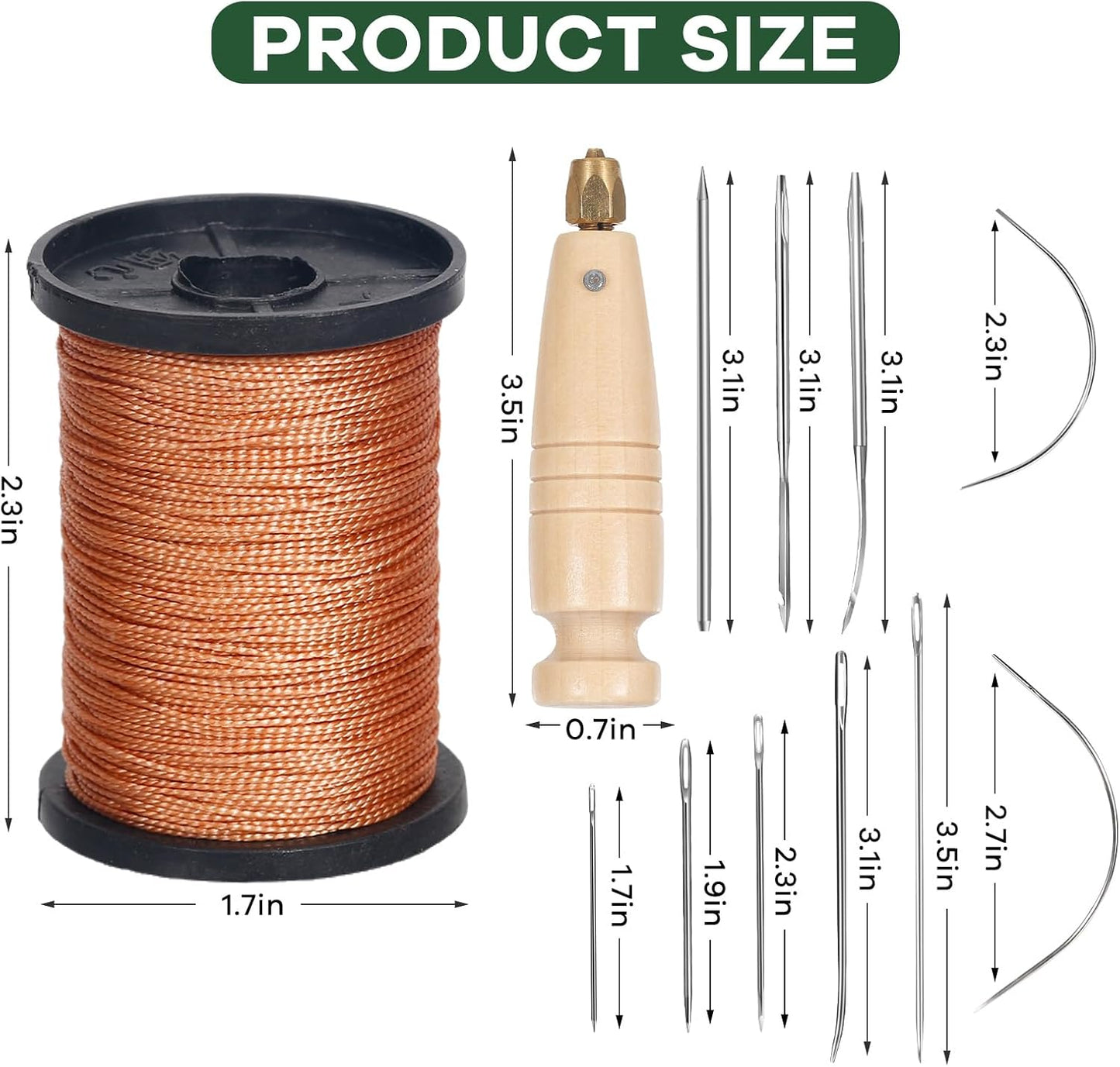3-Spool Nylon Thread Kit - Each 80 Yards, Includes Sewing Awls & Needles for Hand Sewing, Upholstery & Leather Repair, Brown