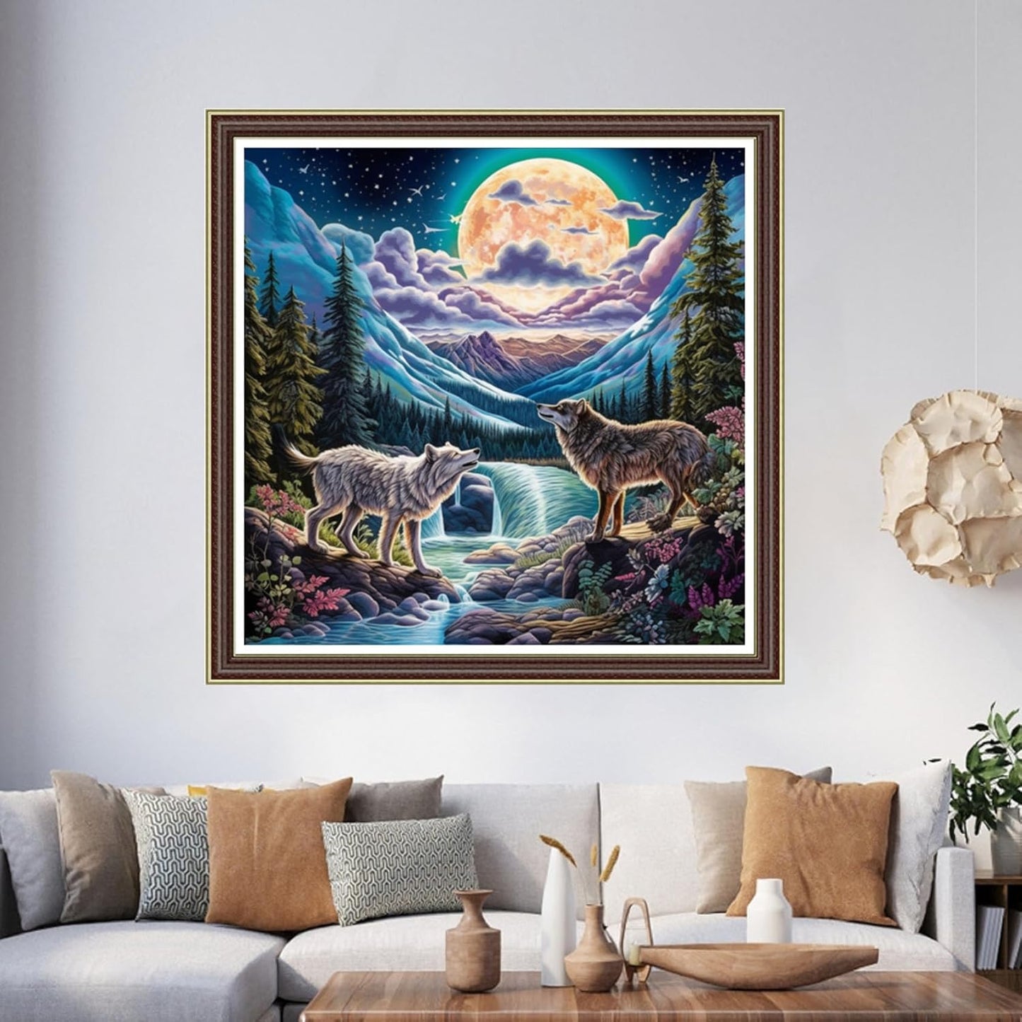 Foxhool Beginners Cross Stitch Kits Stamped Full Range of Embroidery Kits for Adults DIY Cross Stitches kit Embroidery Patterns for Needlepoint kit-Moonlight Wolf 17.7x17.7 inch