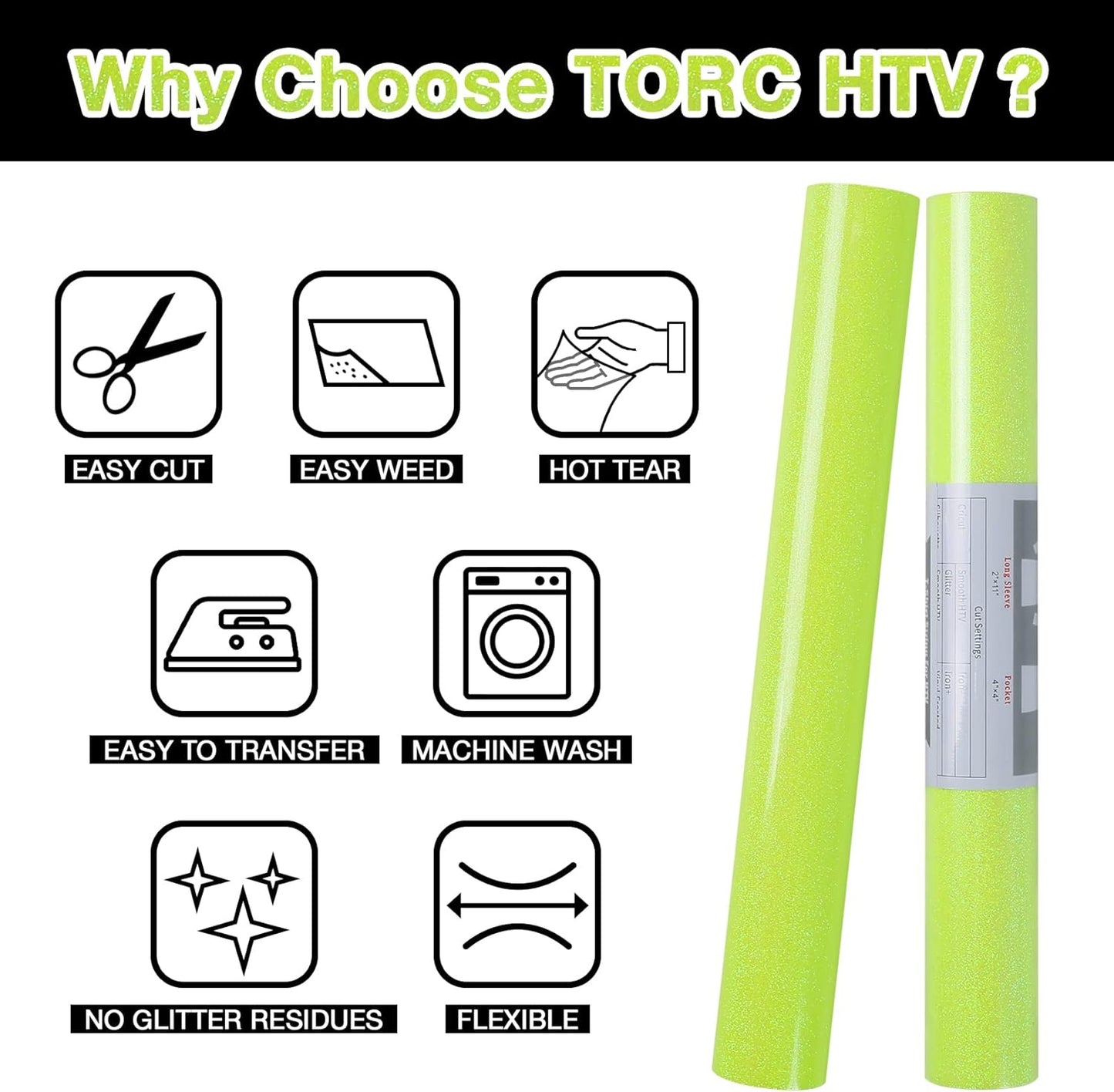 TORC Yellow Glitter HTV Heat Transfer Vinyl 2 Rolls Iron on Vinyl for T Shirts Crafts 12 inch x 5 ft