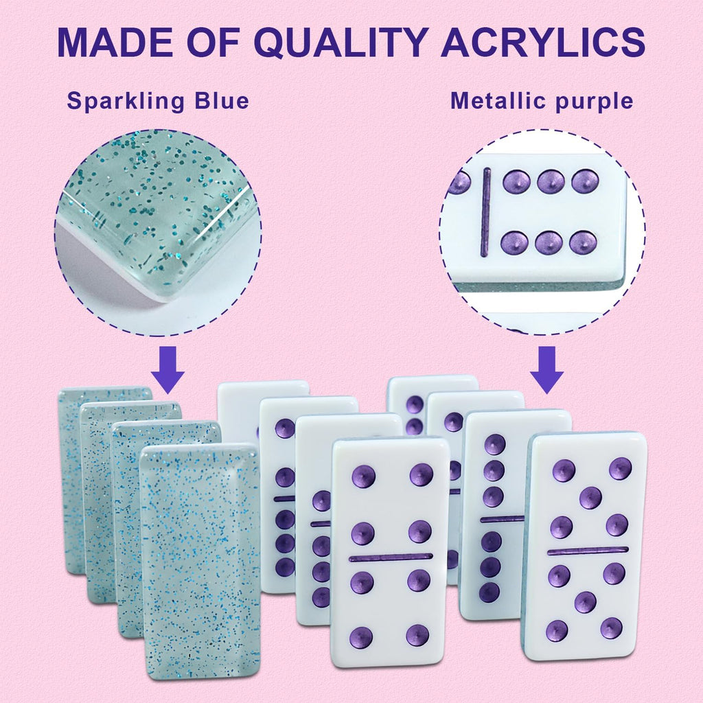 IDTQ Dominoes Set for Adults, Double 6 Dominos Game Set with 28 Domino Tiles Double with Upscale Gift Boxes -7 Polyhedral Dice -Classic Board Games (Light Blue)