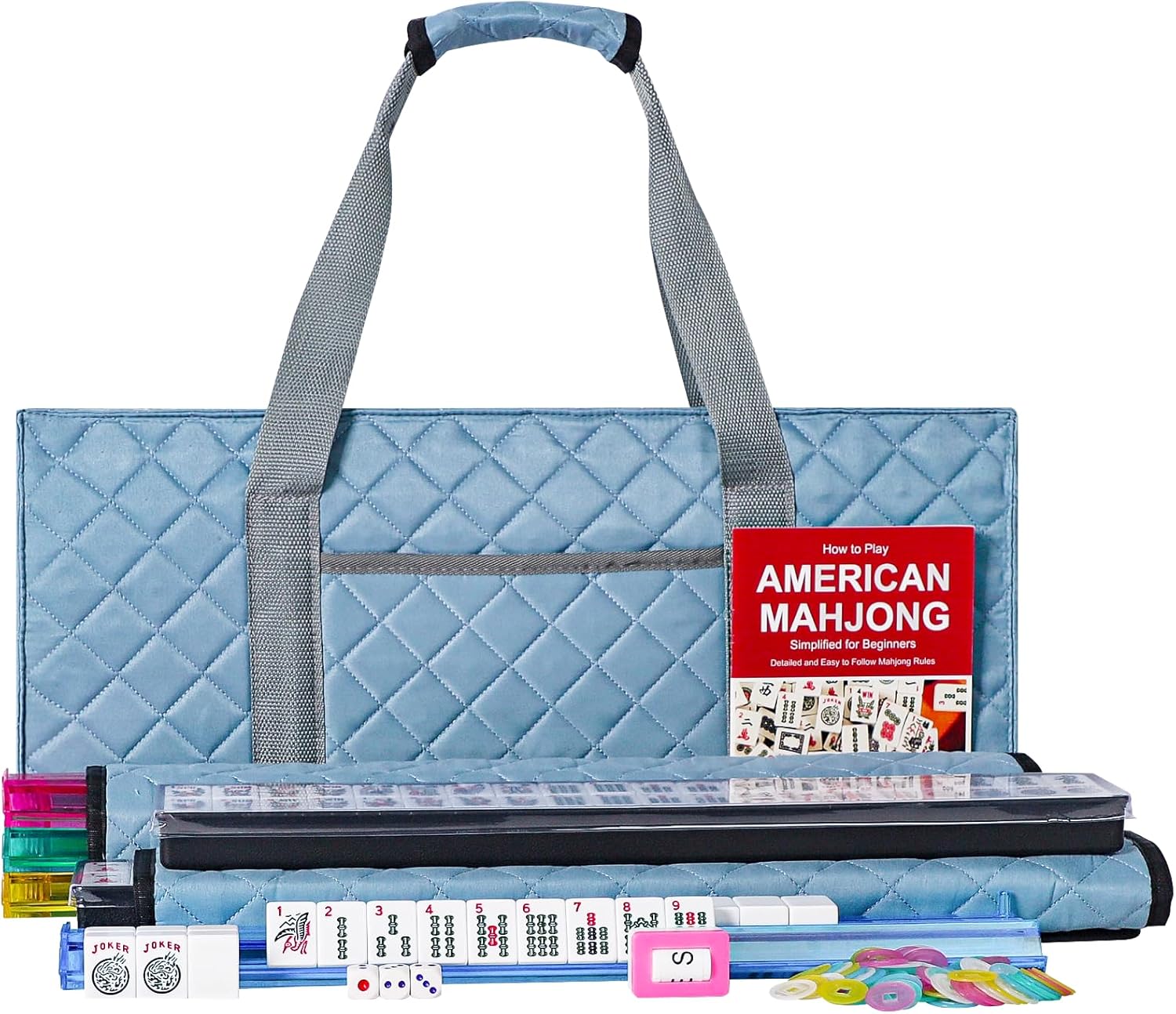 ZGME American Mahjong Set,166 White Tiles with Blue Rectangular Bag and Accessories,4 All-in-One Mahjong Racks with Pushers,Complete Western Mahjong Set