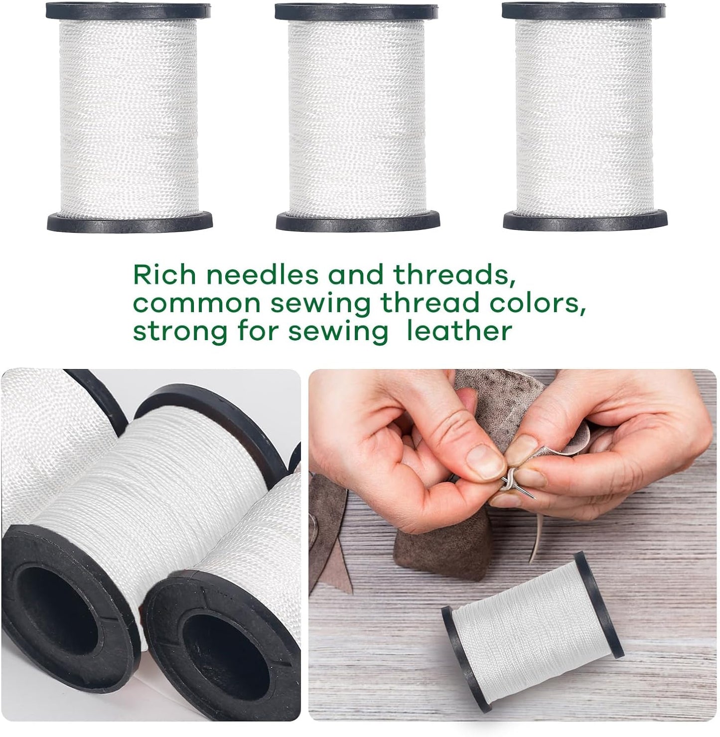 3-Spool Nylon Thread Kit - Each 80 Yards, Includes Sewing Awls & Needles for Hand Sewing, Upholstery & Leather Repair, White