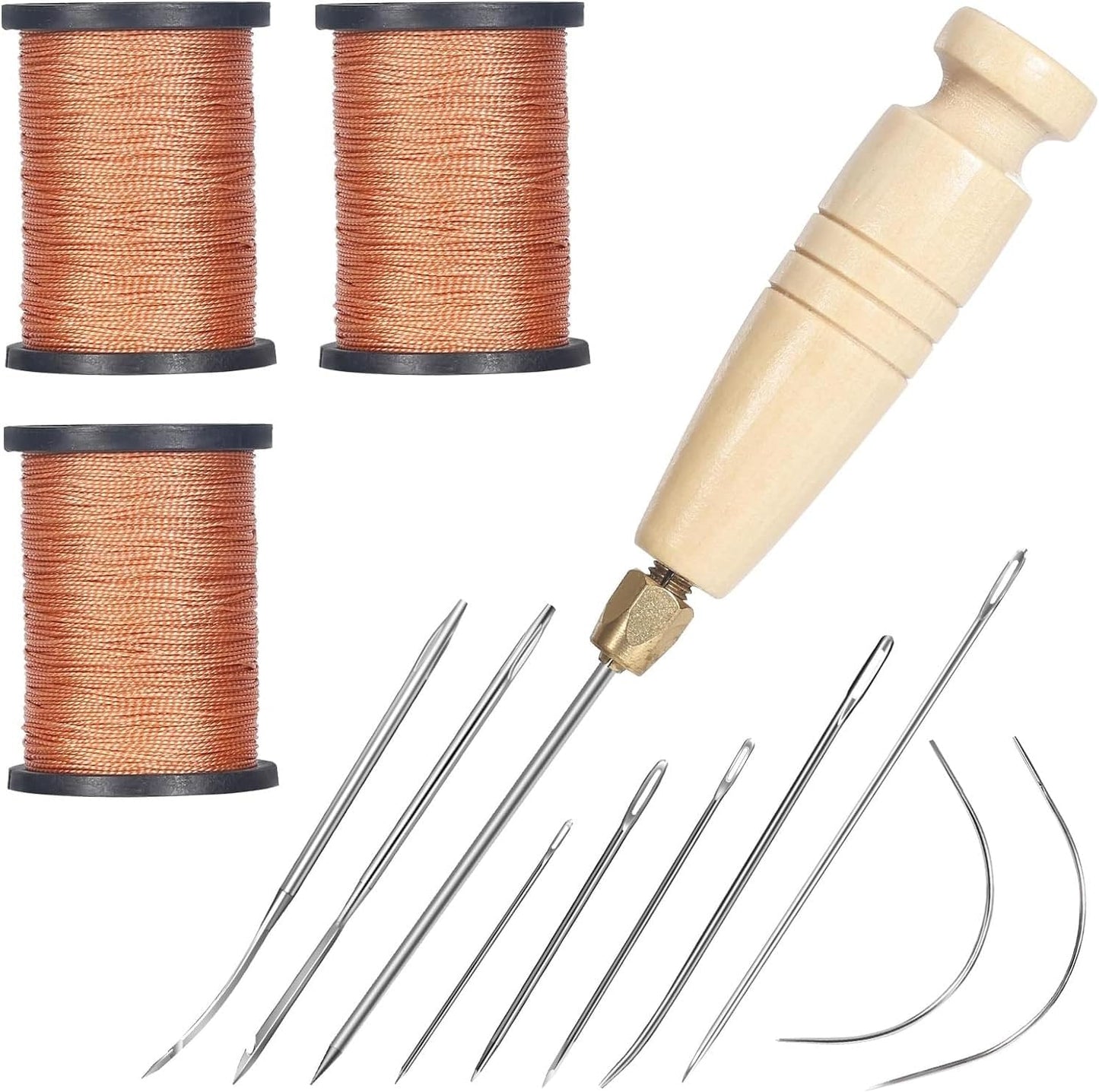 3-Spool Nylon Thread Kit - Each 80 Yards, Includes Sewing Awls & Needles for Hand Sewing, Upholstery & Leather Repair, Brown