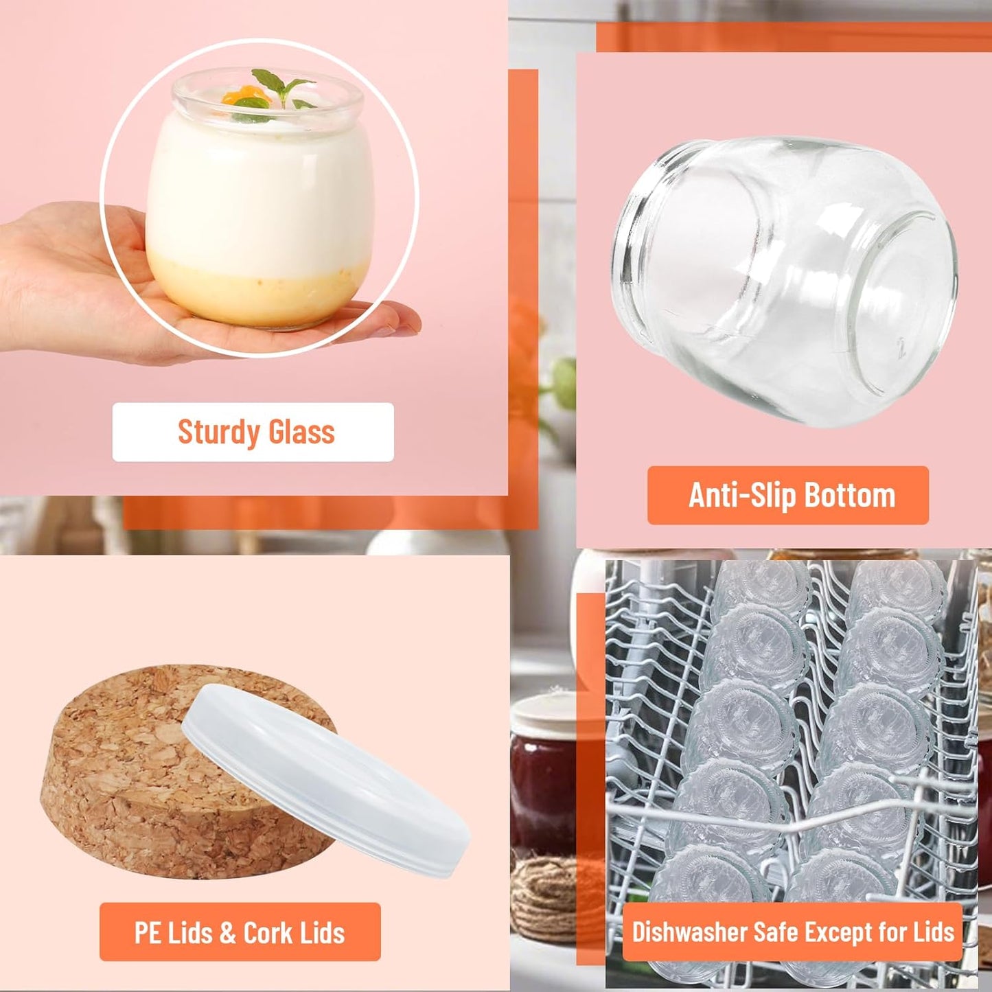7oz Glass Jars with Cork & PE Lids 40Pack, Small Glass Pudding Jar for Wedding Favors, Milk, Jams and DIY Gift, Yogurt Jars with Tags and Twine Included