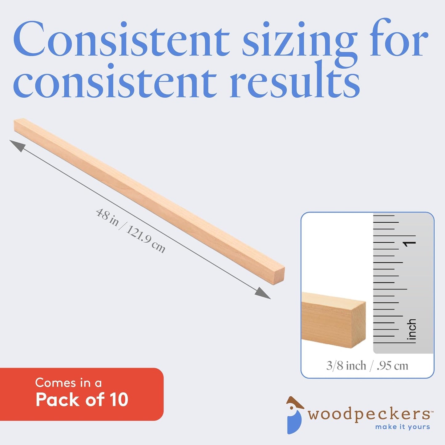 DIY Wooden Square Dowel Rod 3/8-inch x 48 Pack of 10 Hobby Wood Sticks for Crafts, Wood Trim & Architecture Model Making, by Woodpeckers
