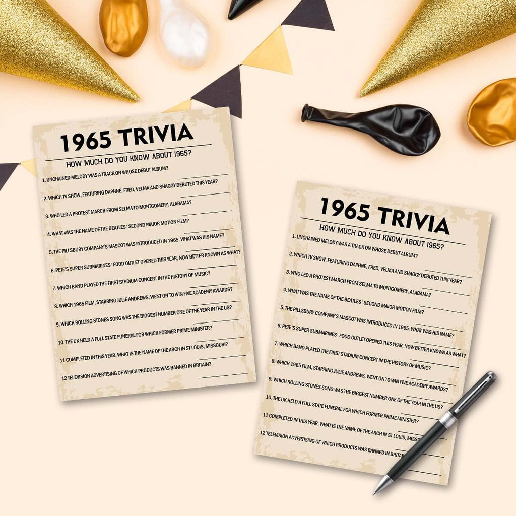 QUPT 60th Birthday Party Games, 1965 Trivia Games, Birthday Party Supplies for Adults, Fun 1965s Party Game，Pack of 30 Cards