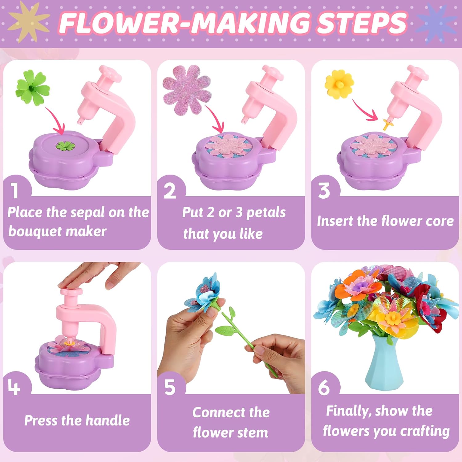 Flower Craft Kits for Girls - Arts and Crafts Toys for Kids Ages 4-8, Birthday Gifts for 4 5 6 7 8 9 Year Old Girls, Mess-Free Art Craft Activity Toys, DIY Flower Making Kit for Kids Preschool