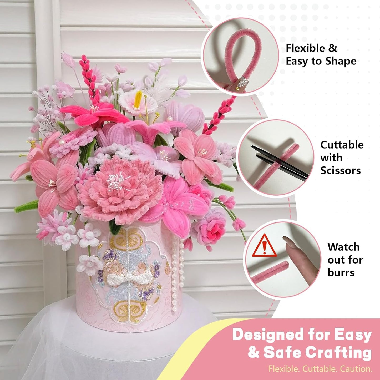 Pipe Cleaners Craft 500PCS 5 Colors Pastel Pink Pipe Cleaners Bulk 30CM Limpia Pipas para Manualidades Fuzzy Wire Chenille Stems for Arts Crafts and Creative DIY Projects Decorations