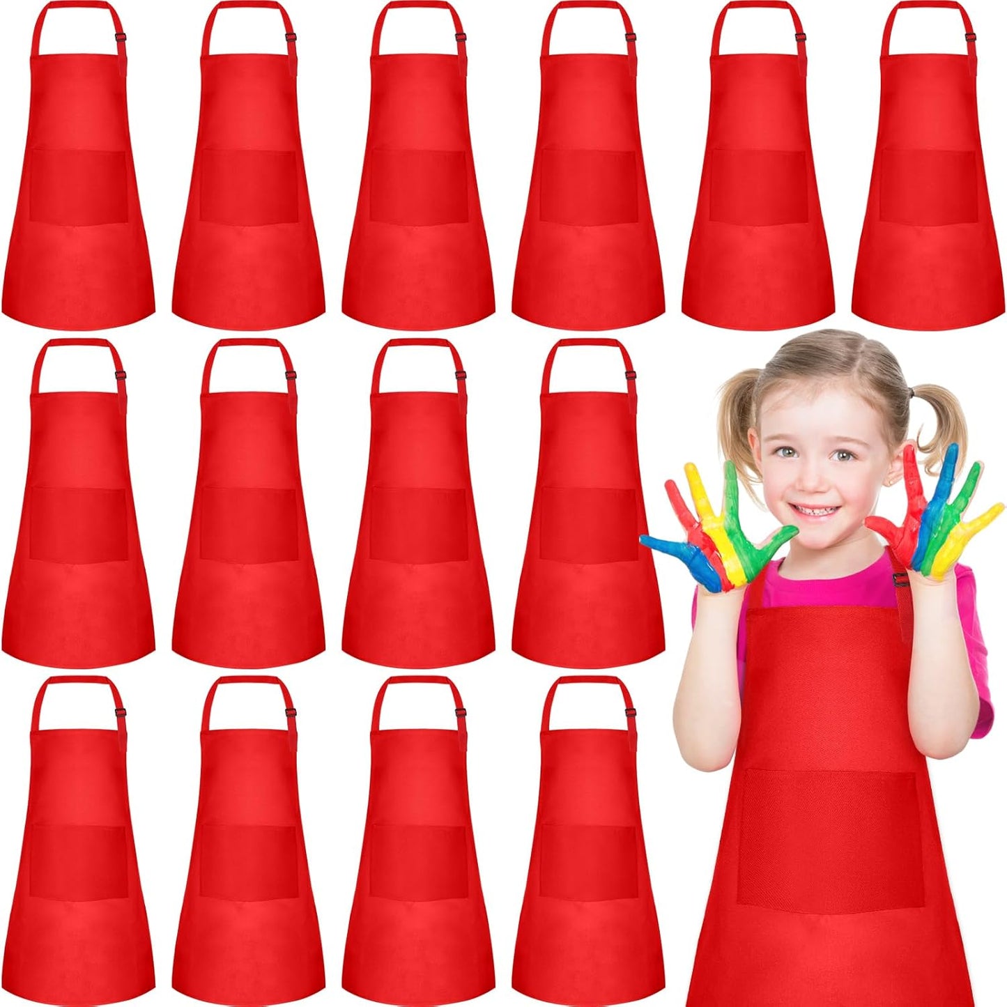 PLULON 4 Pcs Aprons for Kids Adjustable Kids Red Apron Bulk with Pocket Painting Aprons For Boys Girls Painting Cooking Baking (Red)