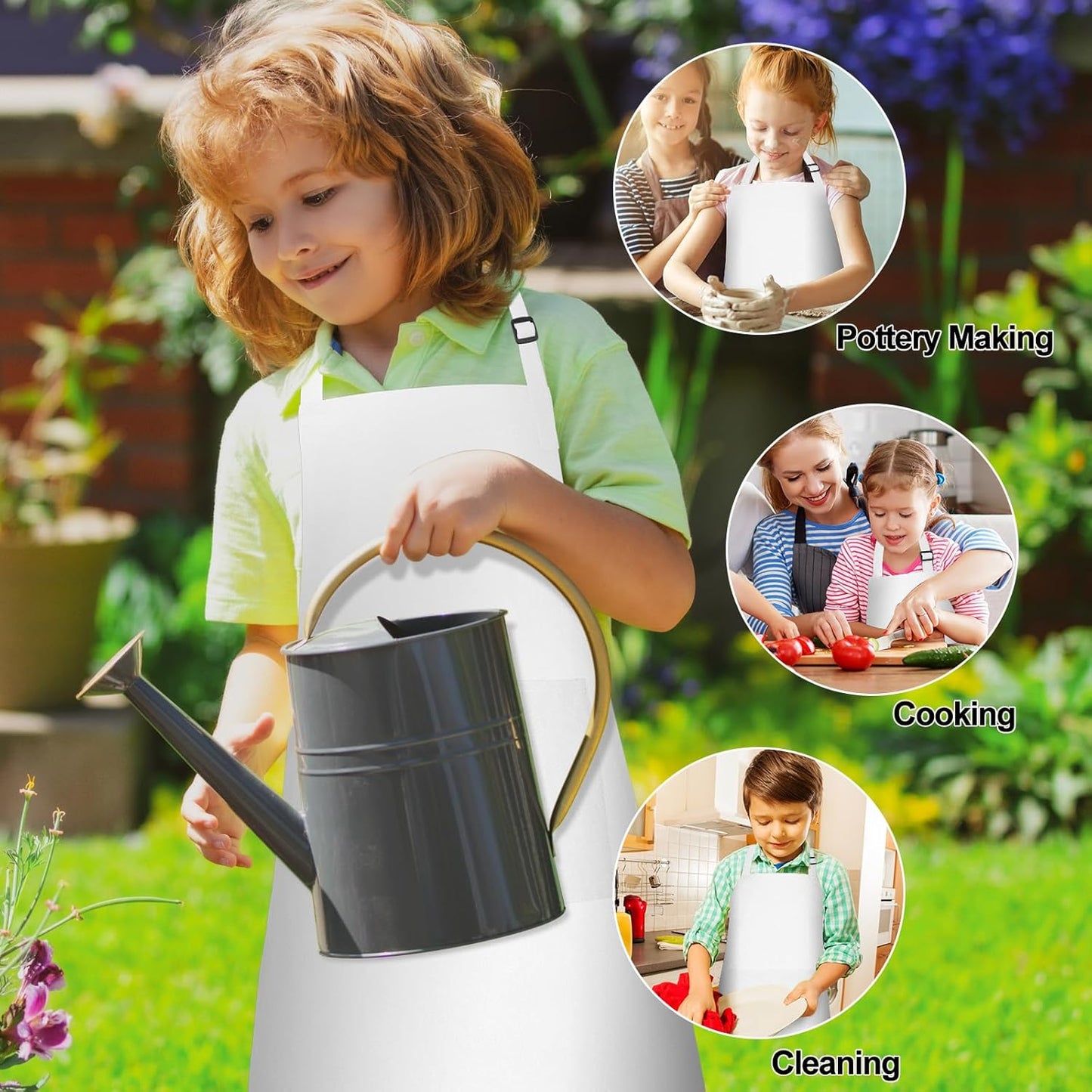 PLULON 10 Pcs Kids Apron Bulk Adjustable White Chef Apron with 2 Pockets Painting Aprons for Kids Cooking Baking Crafts (White)