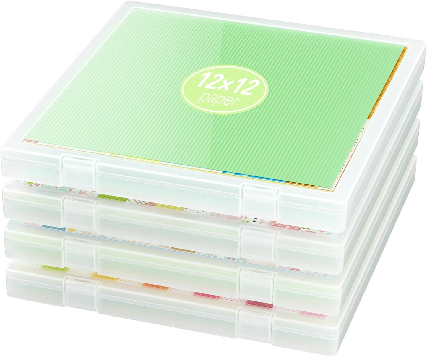 iBune 4 Pack 12x12 Scrapbook Paper Storage, Plastic Storage Organizers Craft Storage Box, Art Supply Puzzle Storage Box, Inner Size 12.2 x 12.2 x 0.85 in