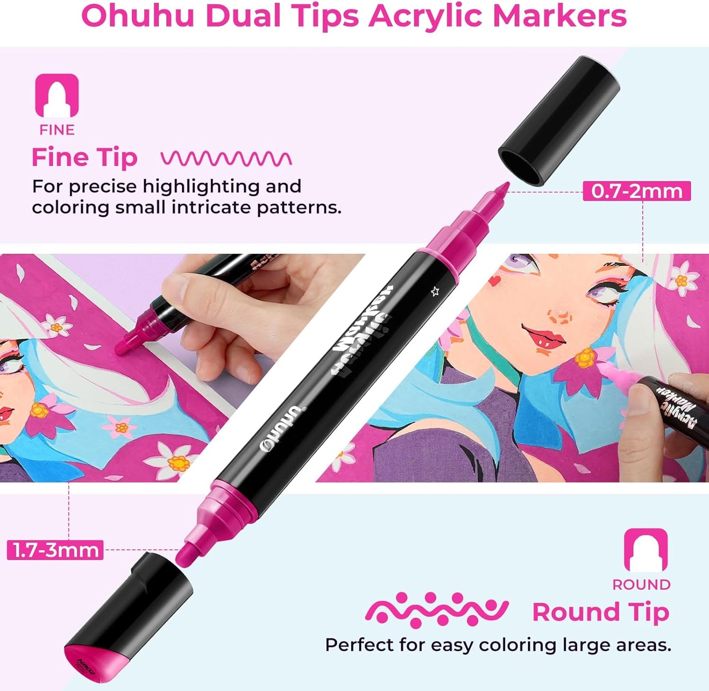 Ohuhu Acrylic Paint Markers 60 Colors: Dual Tips (Round & Fine) Acrylic Markers High Opacity Paint Pens Waterproof Lightfast for Rock Painting Easter Eggs Wood Glass Ceramic Canvas - Kakaako