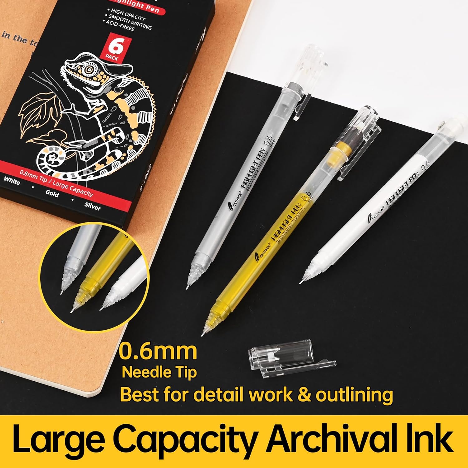 0.6mm Fine Point Gold Gel Pens, 3-Pack for Artists Drawing on Black Paper, Sketching, Adult Coloring Books & Holiday Crafts