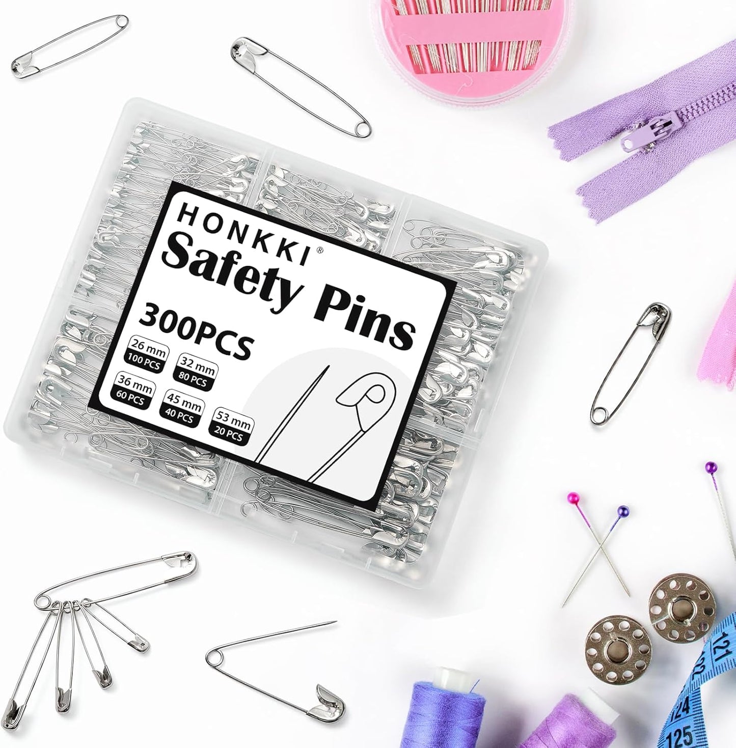 Silver Safety Pins 300 PCS, 5 Assorted Sizes of Durable, Small and Large Safety Pins Bulk, Sharp Edge Pins for Clothes, Sewing, Arts & Craft