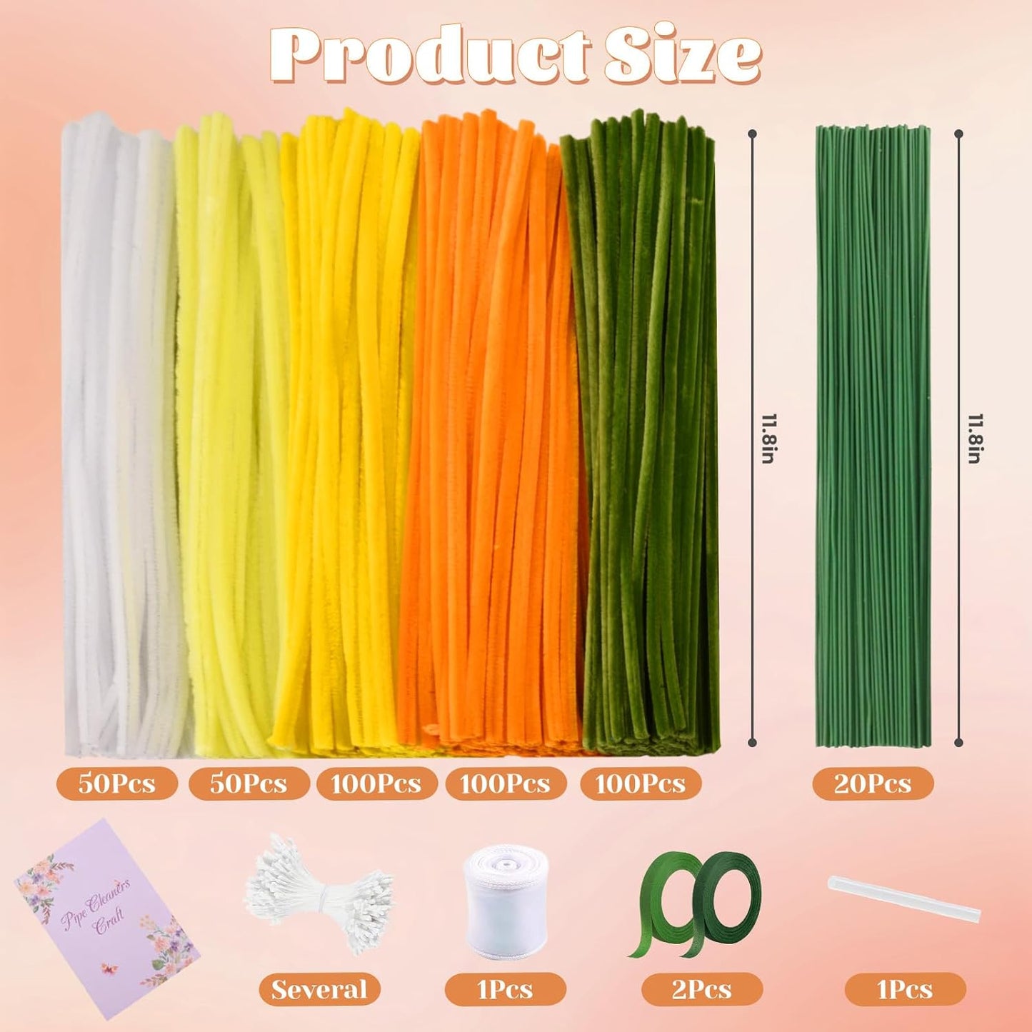 400 Pcs Pipe Cleaners Craft Set, 5 Assorted Pipe Cleaners Bulk, Chenille Stems for DIY Flower Making Kit with Floral Stems, Gardening Tape, Stamen, Ribbon for DIY Bouquet Gift (Sunflower)