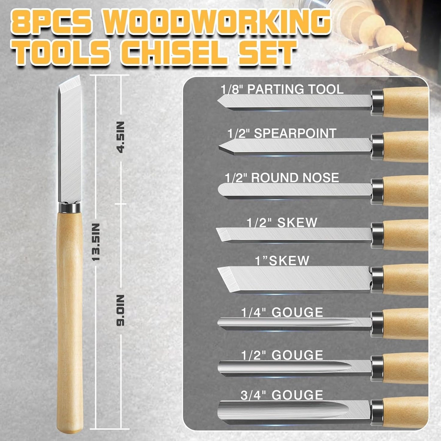 8 Pcs Wood Lathe Tools, Wood Chisel Sets, Suitable For Wood Working Tools, Which is Used for Lathe, is Suitable for Beginners and Professionals (8)