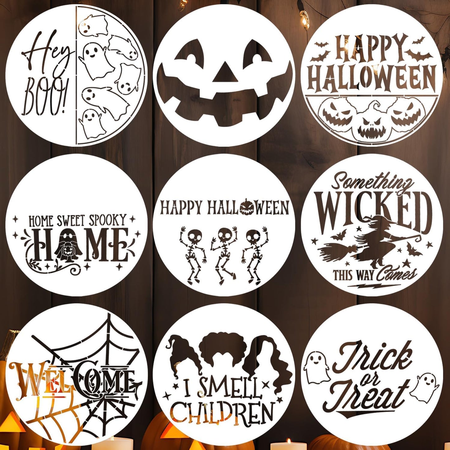 Halloween Stencils for Painting 12inch Large Reusable Halloween Stencil for Door Hanger Round Skeleton Ghost Boo Templates for Wood Walls Windows Door Mat Fabric