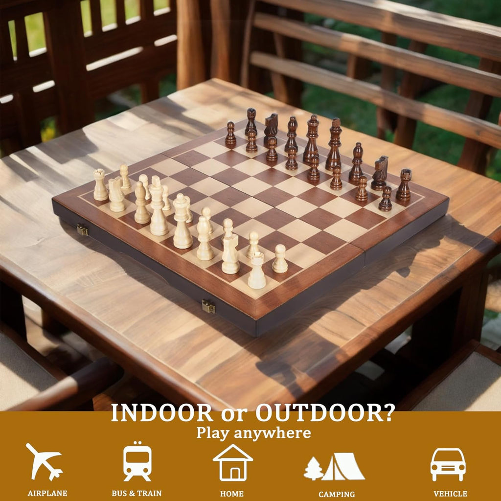 Magnetic Wooden Chess Set 15" Unique Chess Board Game with Chess Pieces Storage Slots, Tournament Portable Folding Travel Chess Sets for Kids Adults Beginner and Pros, 2 Extra Queens