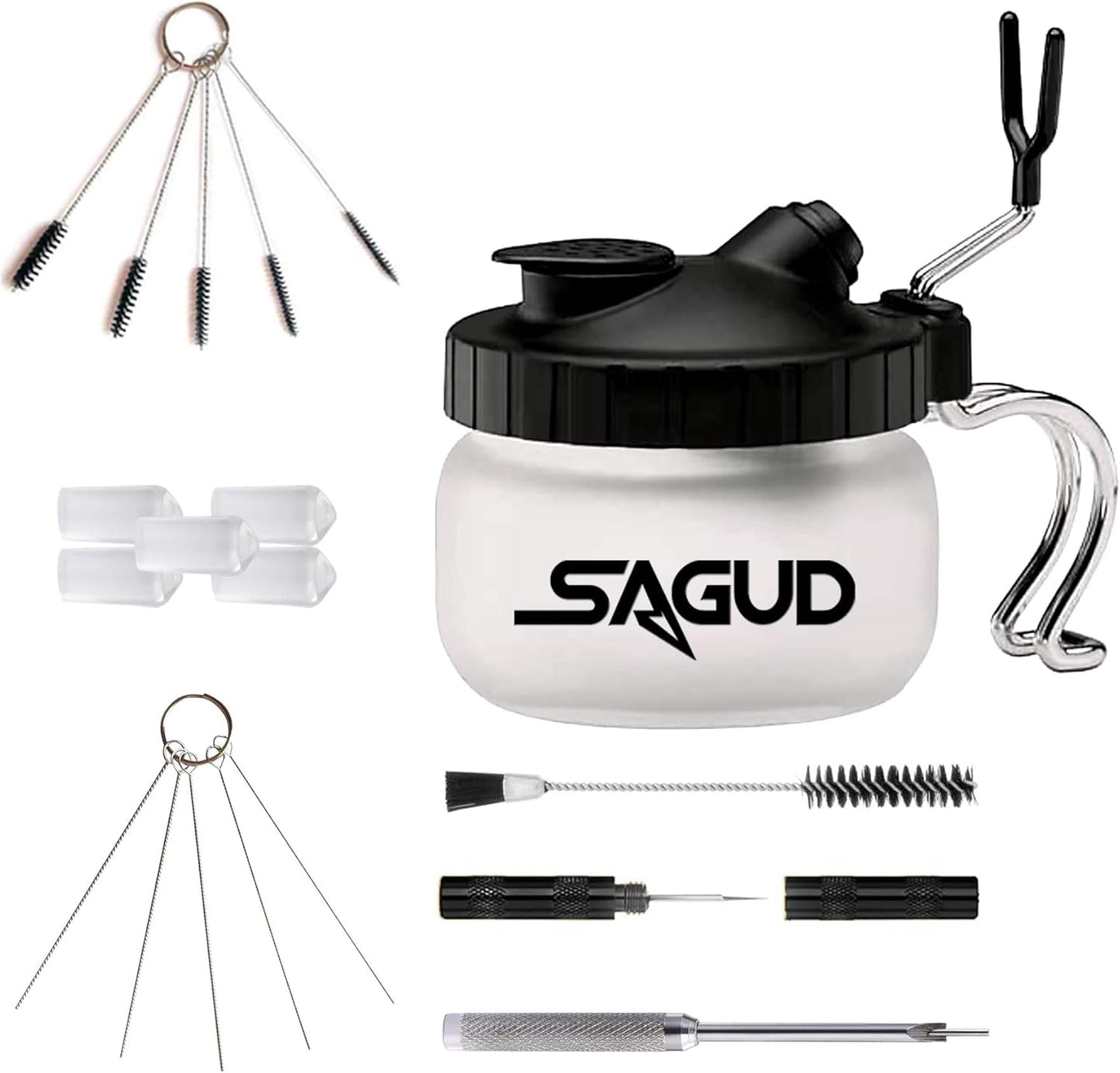 SAGUD 19 Piece Airbrush Cleaning Kit, Glass Airbrush Cleaning Pot with Holder, 5 Cleaning Brushes, 5 Cleaning Needles, 1 Washing Needle, 1 Repair Tool, Air Brush Protection Covers.