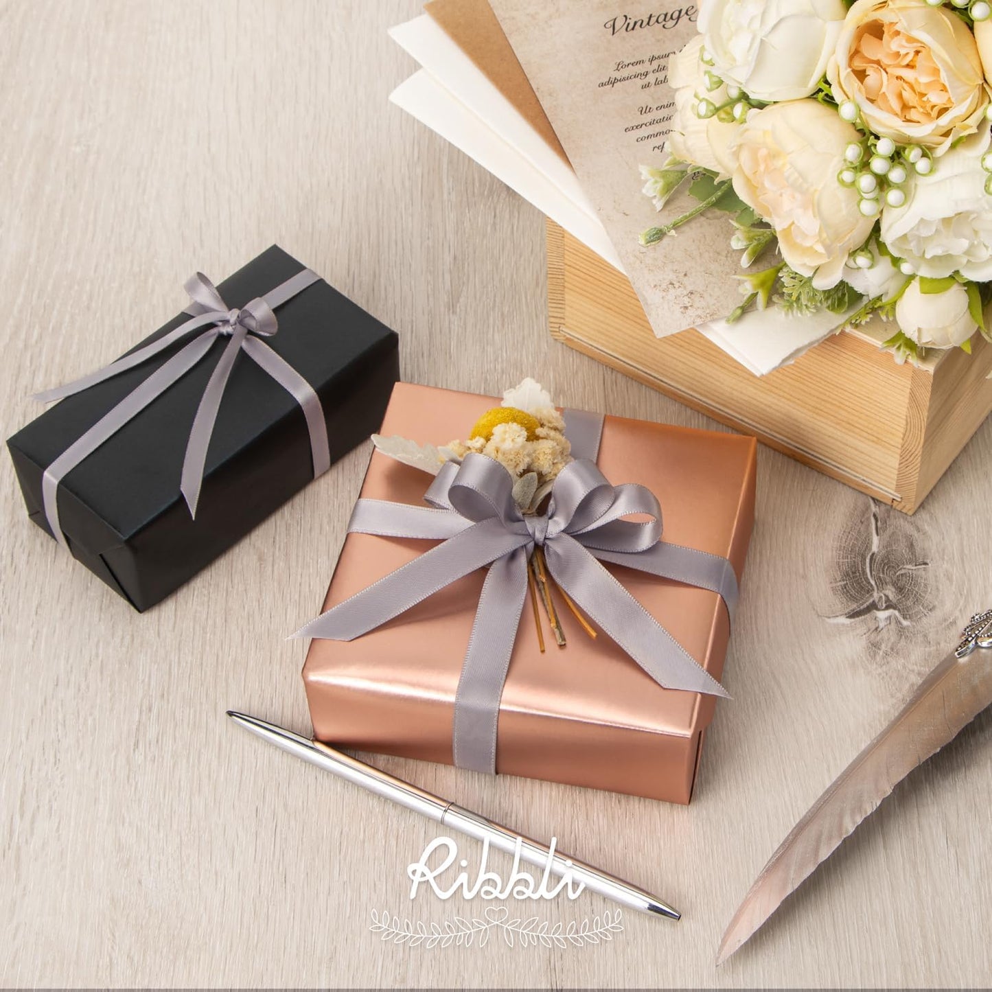 Ribbli Silver Satin Ribbon Double Faced Satin 1/4 Inch x Continuous 100 Yards-Silver Ribbon for Gift Wrapping Crafts Wedding Decoration Bows Bouquet Floral Arrangement