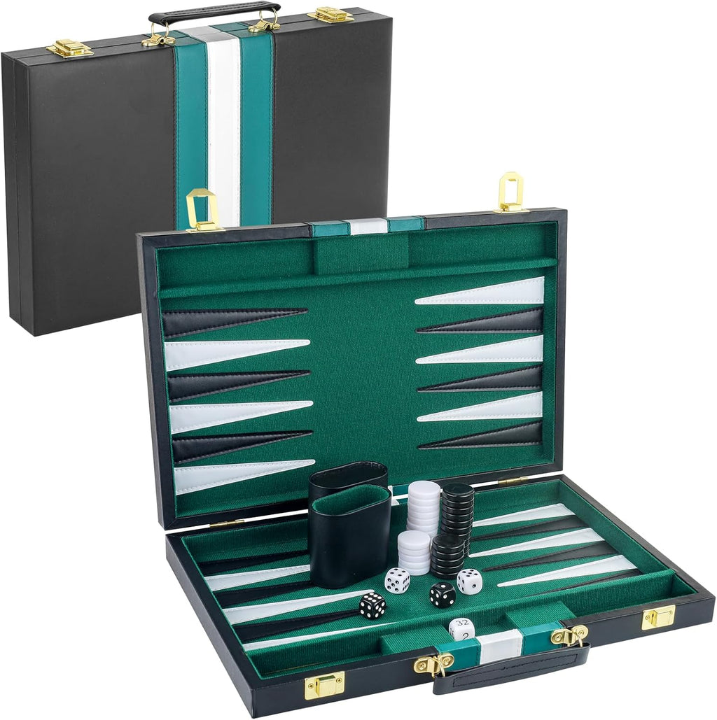 Backgammon Set 2 Players Classic Backgammon Sets for Adults Board Game with Black PU Leather Case Portable and Travel Backgammon Set (Green, 15inch)