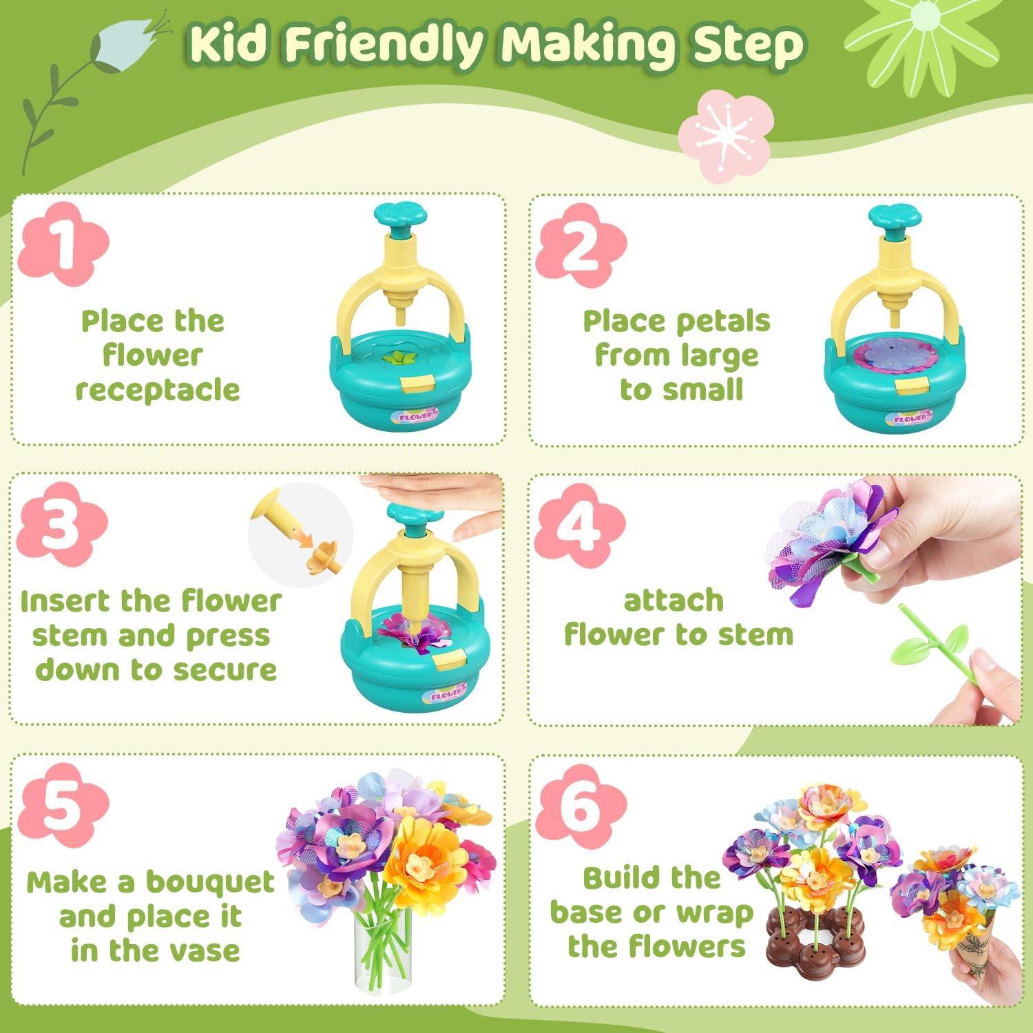 TingingYuli Arts and Crafts Kit for Kids Ages 4-8,Flower Bouquet Toys,DIY Flower Market Toys,Build Your Bouquet,Educational Christmas Birthday Gifts for 3 4 5 6 7 8 9 Year Old Girls-Blue