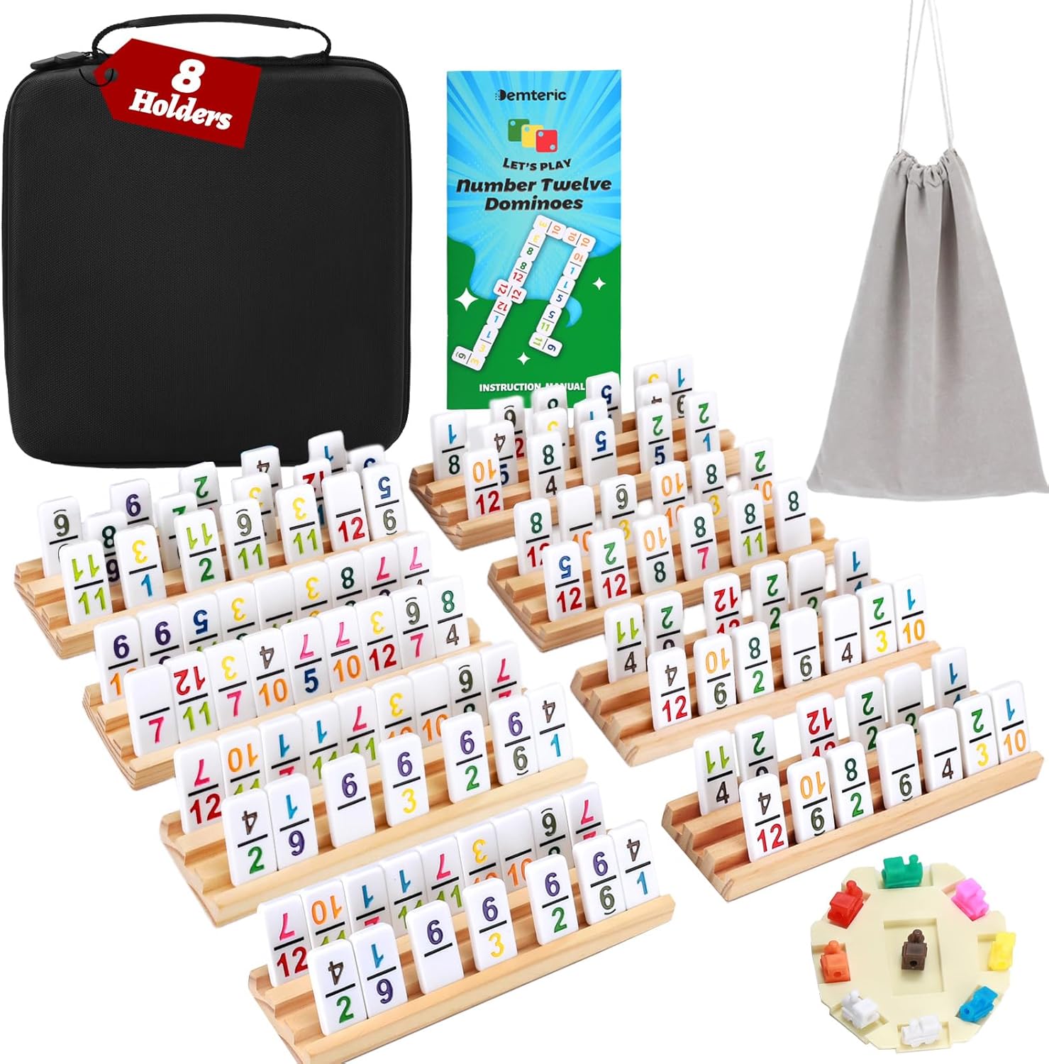 Mexican Train Dominoes Set Double 12 Colored Number Dominos with 8 Wooden Racks & 91 Tiles Portable Travel Case Classic Family Board Game Cognitive Strategy Game for Adults Kids
