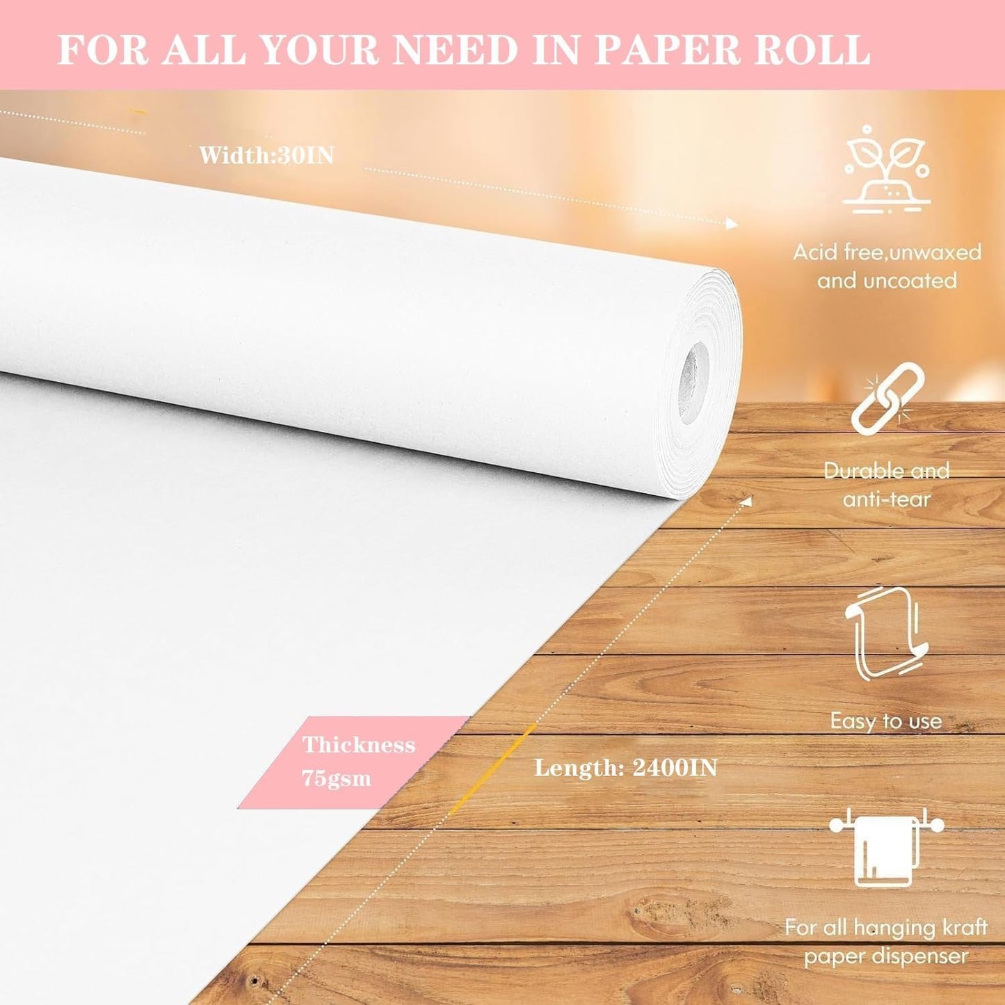 White Wrapping Paper Roll 30"x 2400" Craft Paper Roll for Drawing Painting Art Supplies, White Paper for Easel Poster Bulletin Board, Kraft Paper Roll for Packing Moving, Gift Wrapping