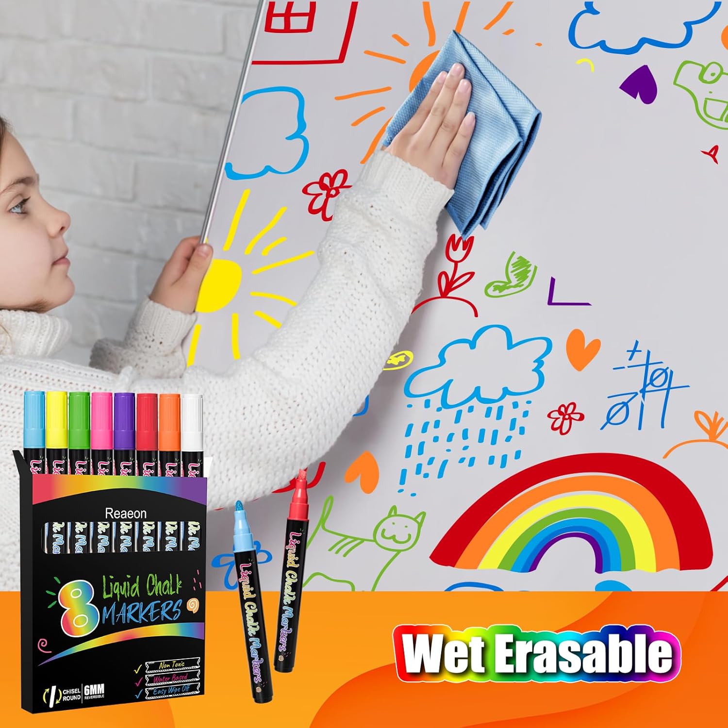 Chalk Markers, Vibrant Color Liquid Chalk Pens, for Chalkboard, Blackboard, Window, Glass, Mirror, Water-Based, Non-Toxic, 6mm Reversible Tip, 8 Pack