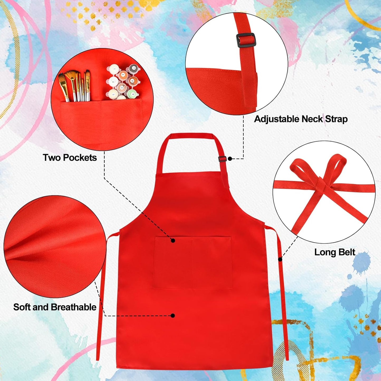 PLULON 8 Pcs Kids Apron Set Adjustable Children Art Aprons with 2 Pockets Artist Apron Bulk for Baking Painting Cooking Activity - 8 Colors