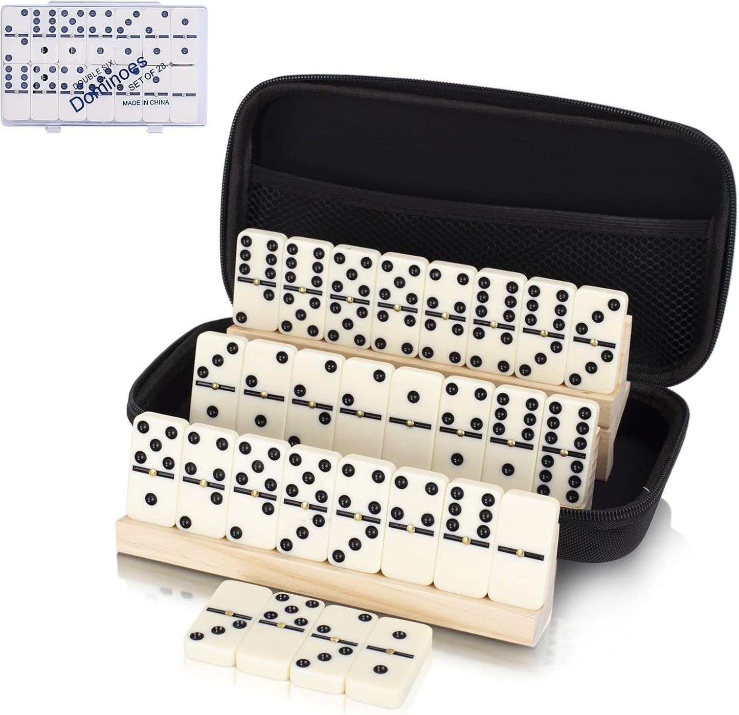 Double 6 Dominos Set for Adults, Durable 28 Tiles Dominos with 4 Wooden Racks and Carrying Case,Classic Board Games,Portable Travel Game