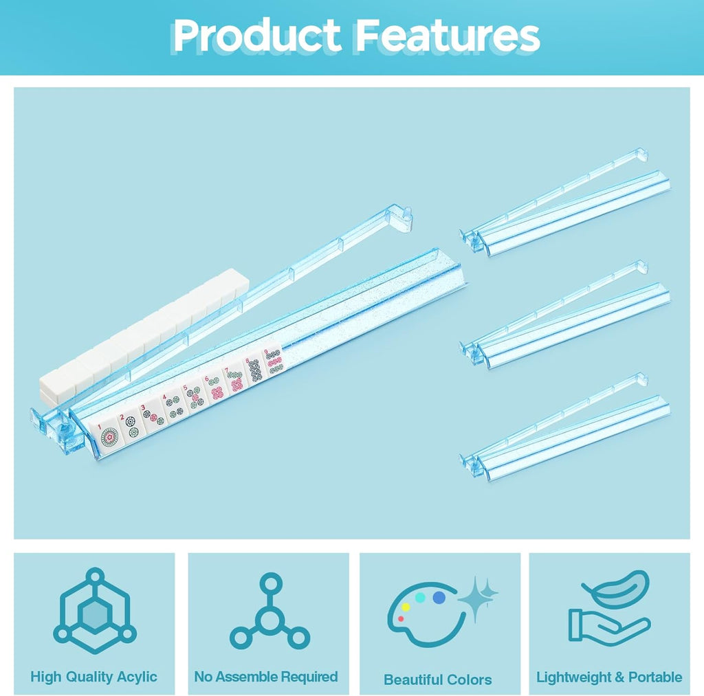 Mahjong Racks with Pushers Set of 4, Mahjong Tile Pushers and Racks, Acrylic Majiang Tile Holders Accessories (Bling Blue)