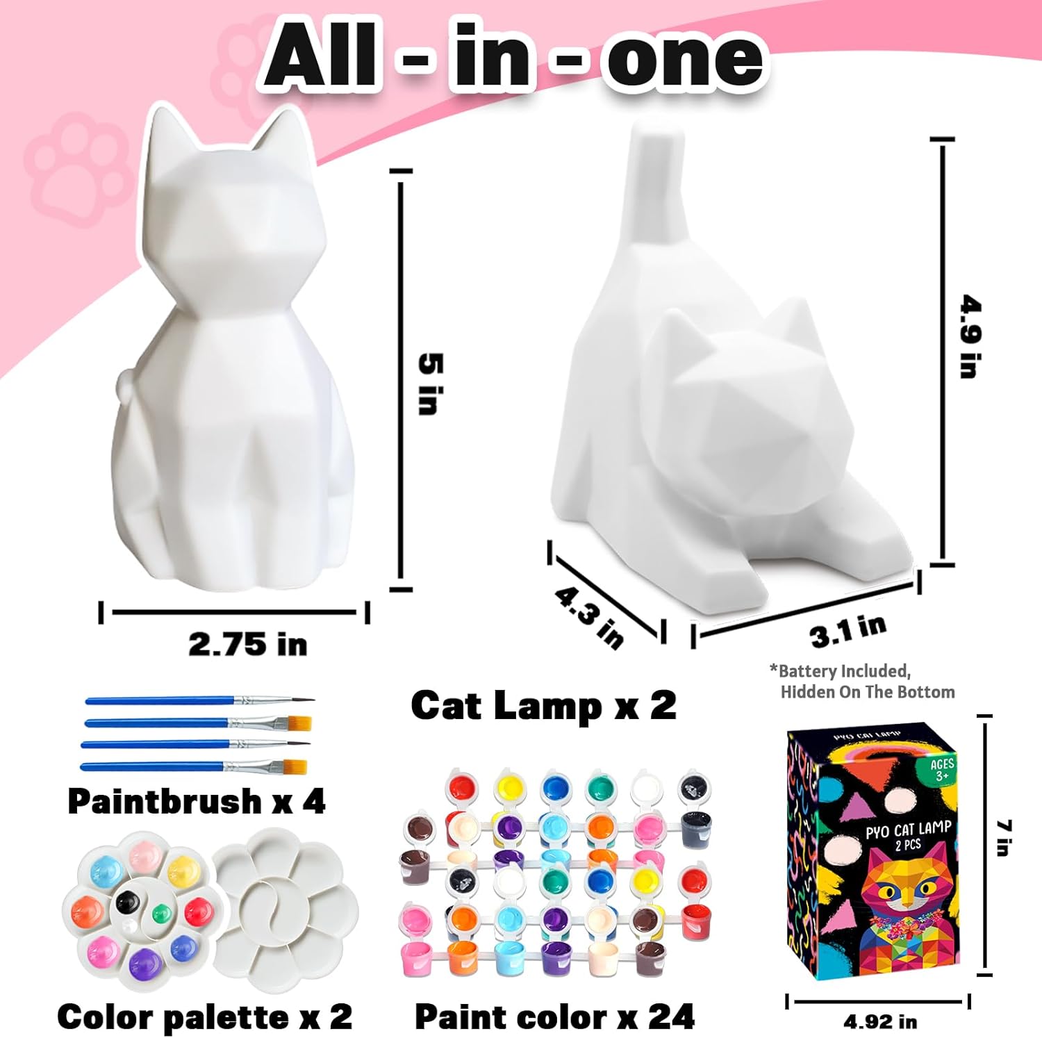 FUNZBO 2pcs Paint Your Own Cat Lamp Kit - Halloweens Arts and Crafts Supplies Kitten Painting Kits for Kid Teen, DIY Night Light Toy for Toddlers Girl Boy Age 3 4 5 6 7 8 9 10 11 12 13 + Birthday Gift
