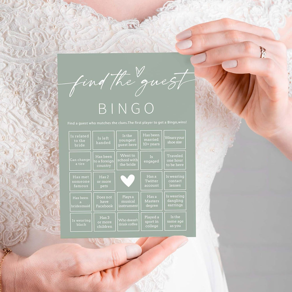 Bridal Shower Games Cards, 25Pcs Prefilled Find The Guest Bingo Game Cards, Engagement Party Games for Guests, Minimalist Green Wedding Party Supplies - C19