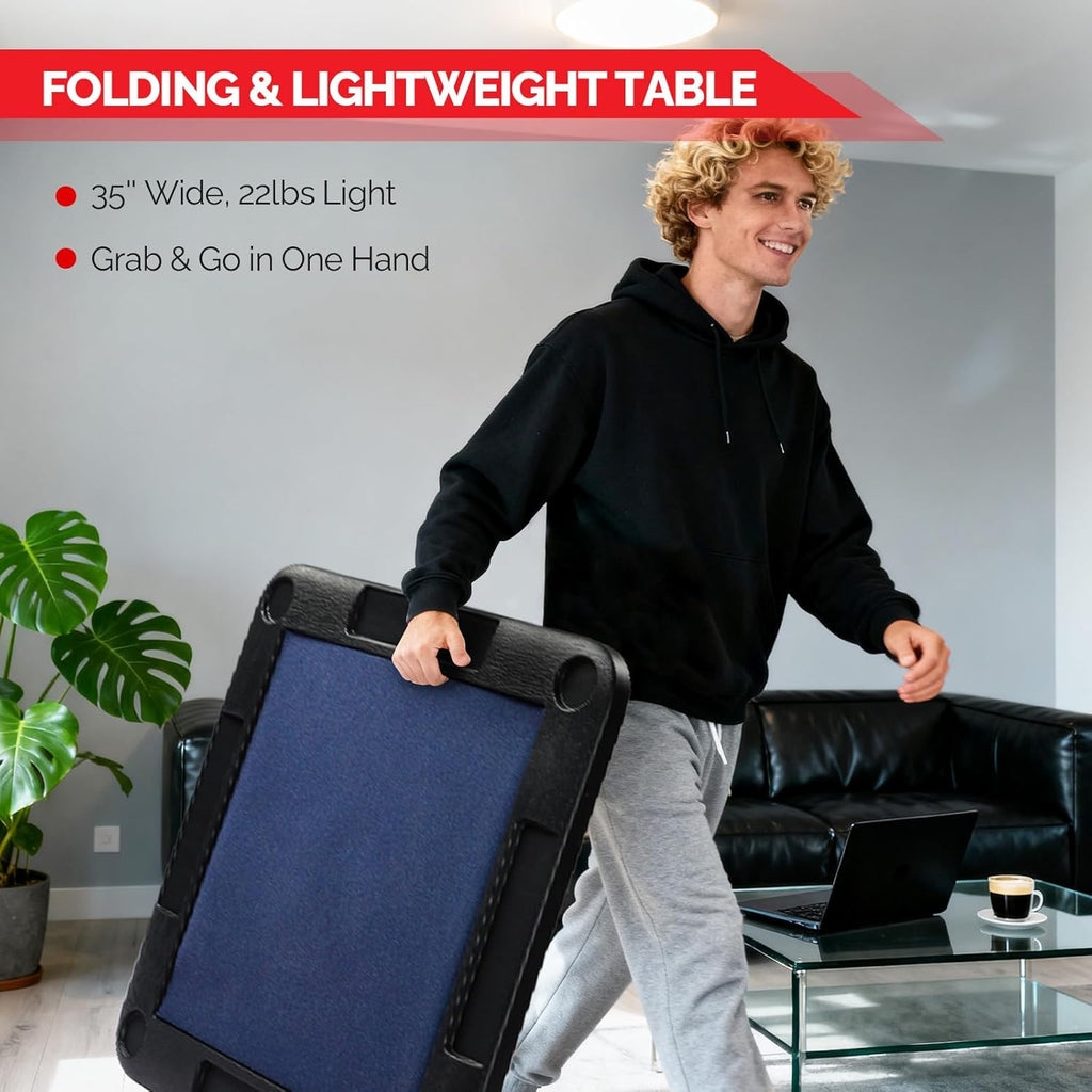 PEXMOR 35" Foldable Mahjong Table, 4 Player Card Game Table w/Cup Holders & Chip Grooves, Portable Folding Poker Domino Board Game Table for Blackjack, Texas Hold'em, Jigsaw Puzzles Game (Blue, 35")