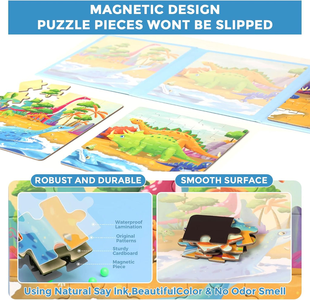 Magnetic Puzzles for Kids Ages 4-8, 3 in 1 Dinosaurs Magnet Jigsaw Puzzle Book, Toddlers Travel Puzzles Toys, Preschool Learning Toy for Kids 3-8 Year (Dinosaurs)
