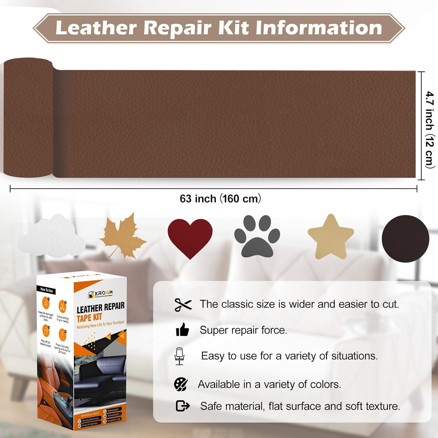 Leather Repair Tape, 4.7x63 inch Leather Patches for Furniture, Self Adhesive Leather Repair Patch for Sofas, Couches, Leather Covers, Seats, Chairs, Vinyl Repair Tape Brown