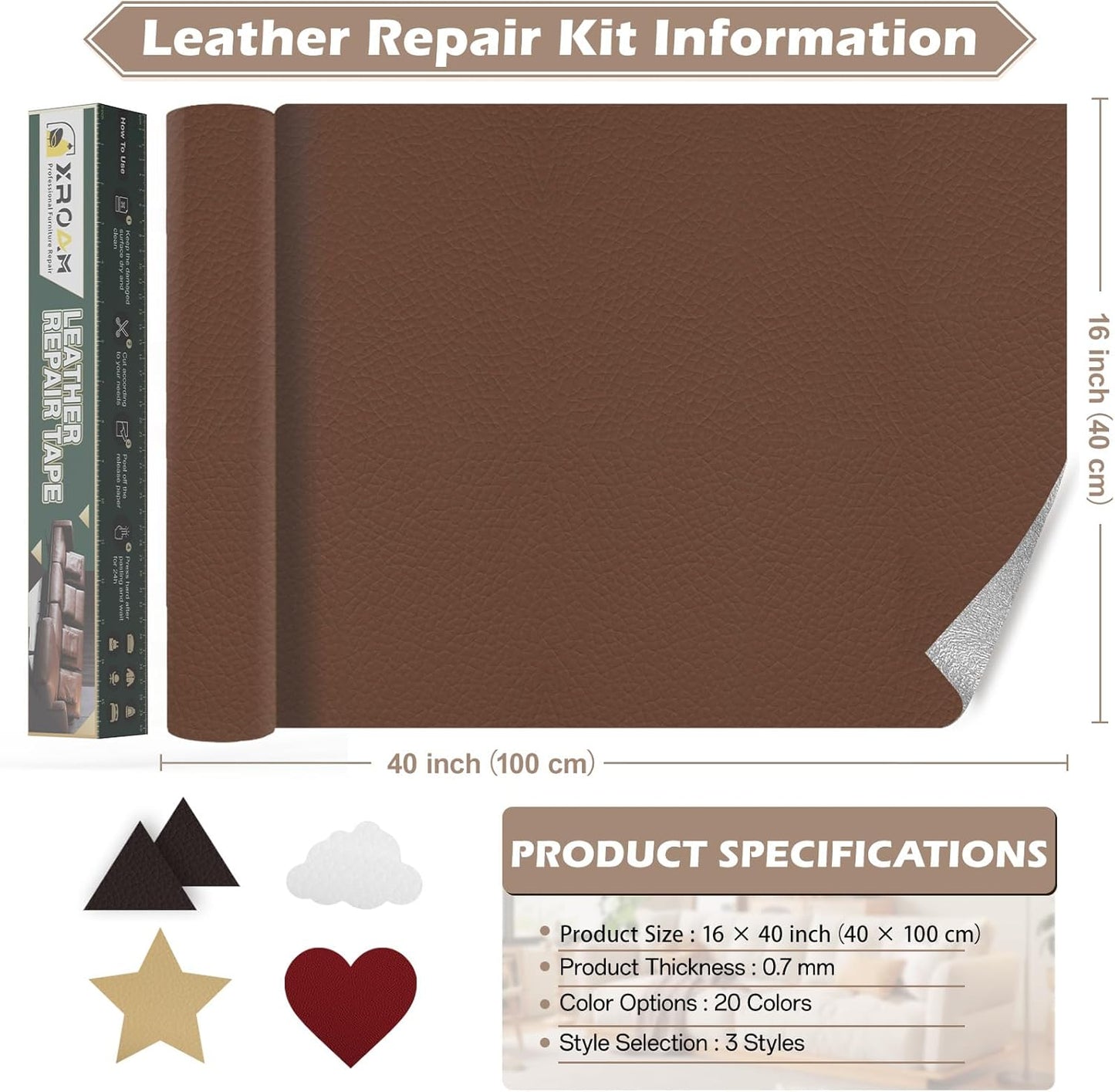 Leather Repair Tape, 16x40 inch Leather Patches for Furniture, Self Adhesive Leather Repair Patch for Sofas, Couches, Leather Covers, Seats, Chairs, Vinyl Repair Tape Wine Red