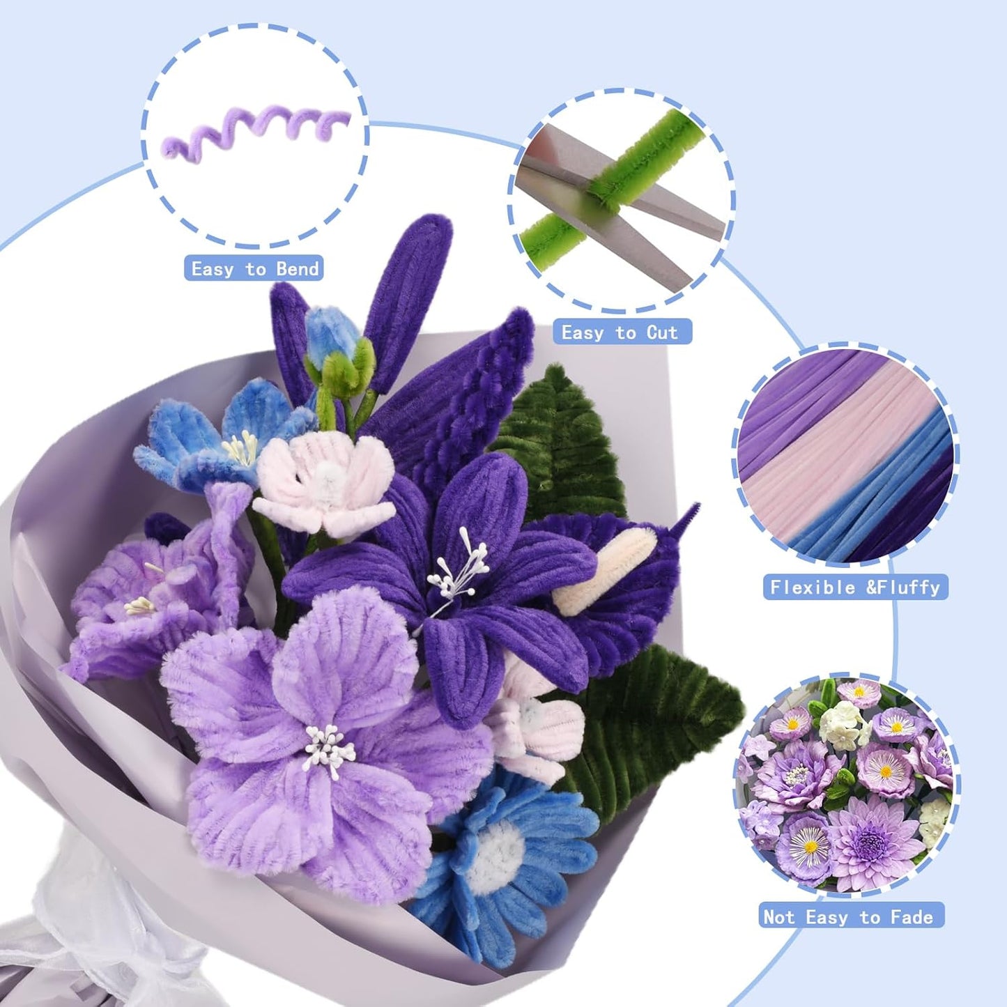 Pipe Cleaners Craft, 400pcs Pipe Cleaners with Flower Stems, Floral Tape, Ribbon, for Flower Bouquet DIY-Purple