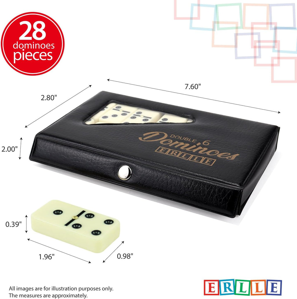 ERLLE - Premium Double 6 Dominoes Set, Classic Domino Game with Vinyl Case, Tiles for Adults & Kids, Mexican Train & Family Game Night