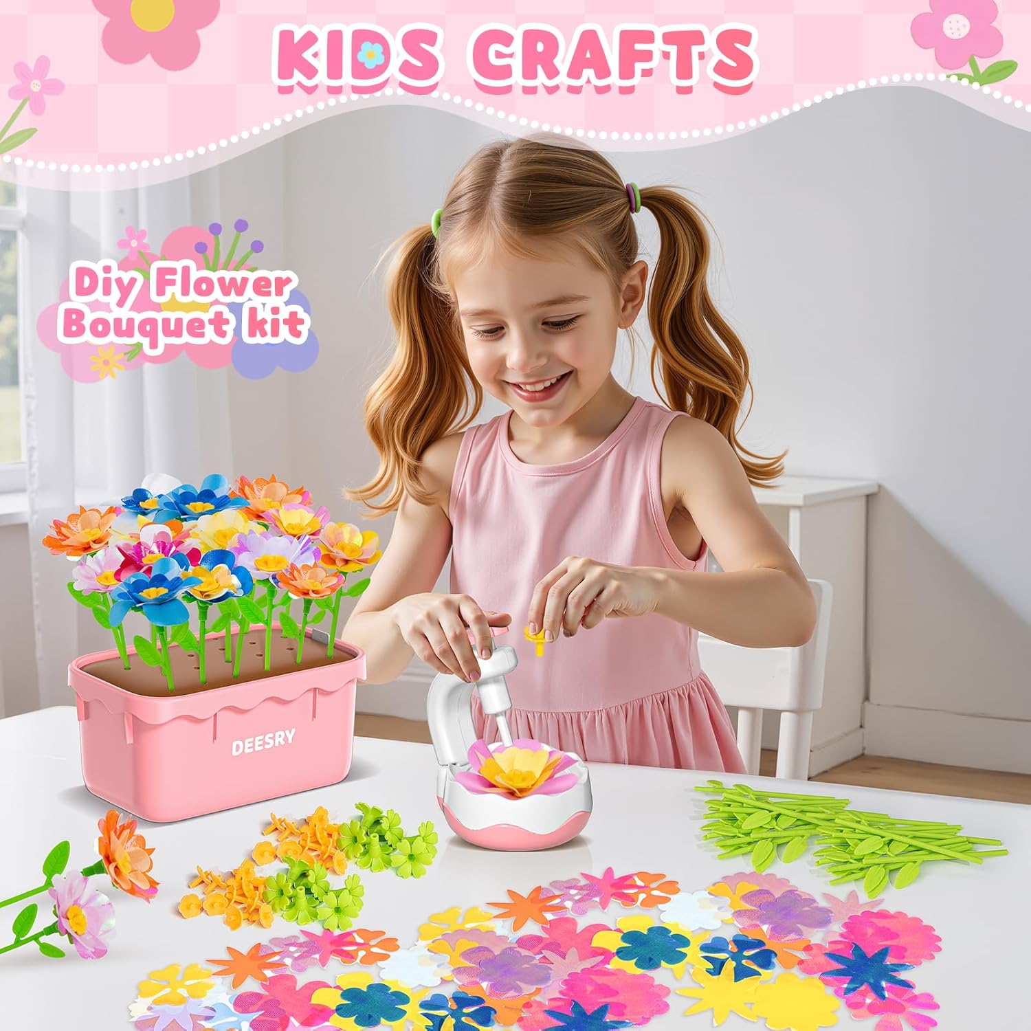 Deesry Fabric Flower Bouquets Toys, Storable Flower Making Kit for Kids, DIY Arts and Crafts for Kid, DIY Creative Flowers Craft Kits Toys for Kids, Birthday Gifts for 3 4 5 6 7 8 Year Old Girls