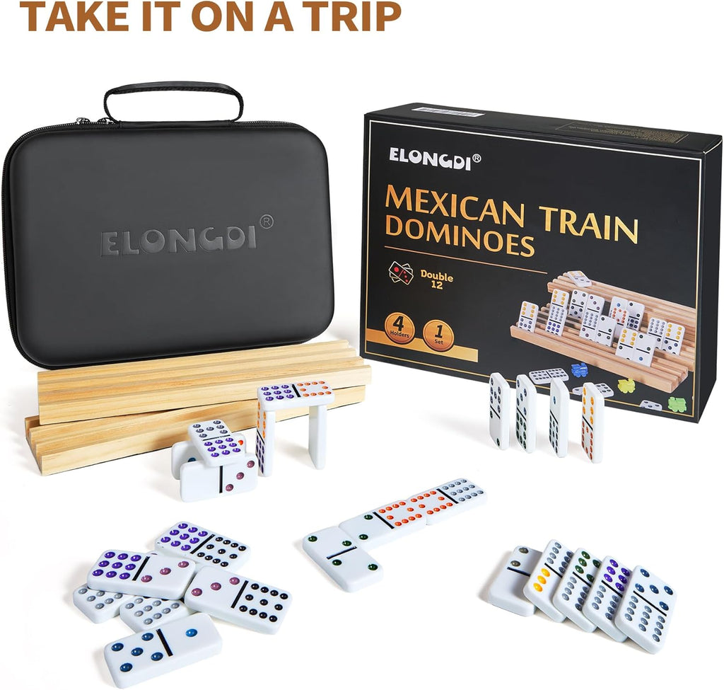Mexican Train Double 12 Dominoes Set with 4 Wooden Trays/Racks in Portable Carrying Case Colorful 91 Tiles & 9 Trains Board Game for Family Game Night