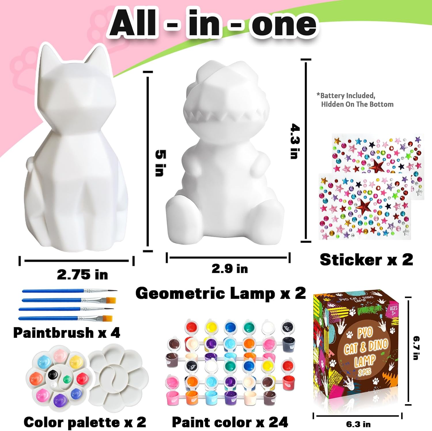 FUNZBO 2Pcs Paint Your Own Dinosaur & Cat Lamp - Halloweens Arts and Crafts Supplies Painting Kits for Kids Teen, DIY Night Light Toy for Toddler Girl Boy Age 3 4 5 6 7 8 9 10 11 12 13 + Birthday Gift