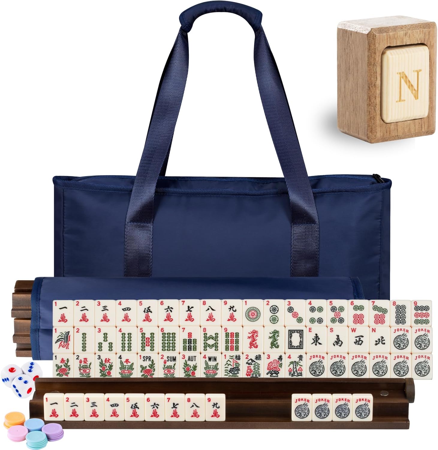 MUTEX American Mahjong Game Set, 166 Premium Mahjong Tile Set with Traveler Size Stylish Blue Carrying Bag, Western Mahjong Set with 4-Piece Walnut Wood Mahjong Racks/Pushers, Mahjong Ma Jong Set