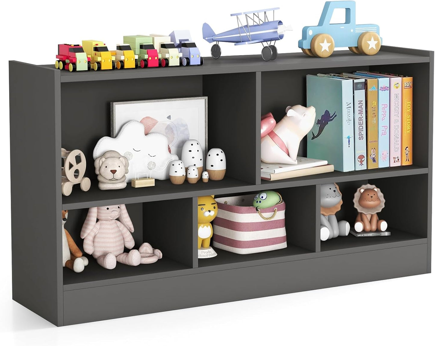 KOTEK Toy Storage Organizer, 5 Cubby Kids Bookshelf, Wooden 3-Tier Bookcase Storage Cabinet, Open Display Book Shelf for Daycare, Nursery, School Classroom, Playroom & Living Room (Grey, 5 Cubes)