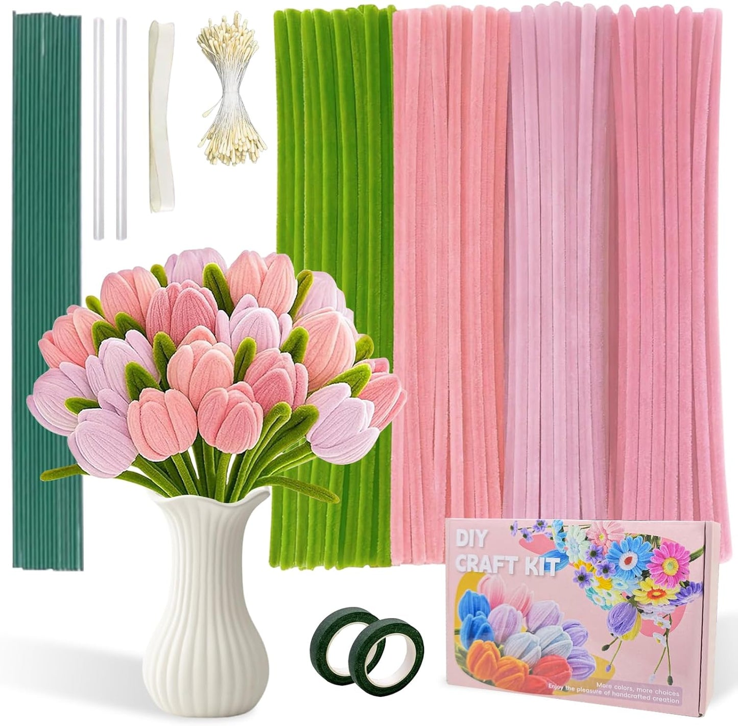 OFFAXE 400Pcs Pipe Cleaners Craft, Pipe Cleaner Bulk Flower Kit, 4 Assorted Colors Chenille Stems Flower Making Kit with Floral Wires, Gardening Tape, Stamen, Ribbon for DIY Art and Craft Supplies