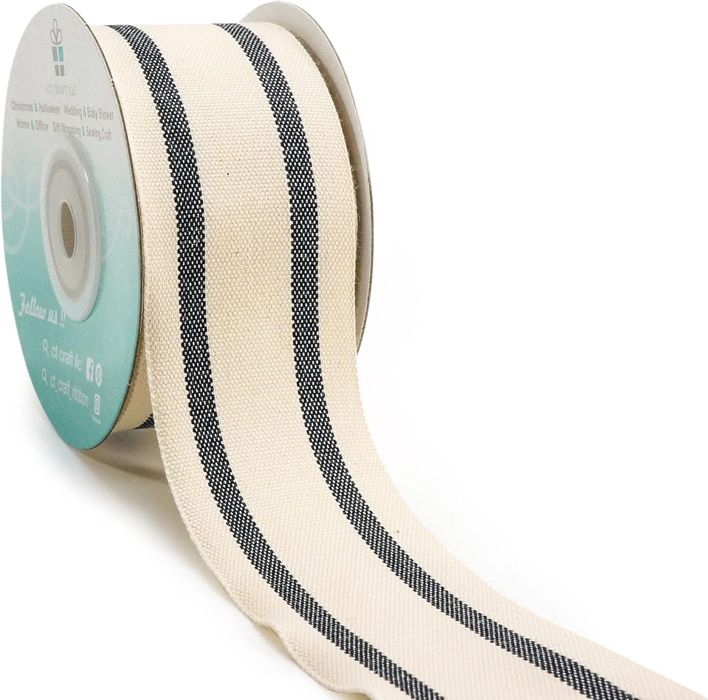 CT CRAFT LLC Ivory Cotton Black Stripes Ribbon 1.5" x 10 Yards for Home Décor Gift Present Wrapping DIY Crafts Birthday Wedding Bouquet Christmas